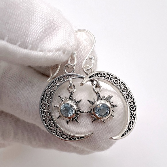 Genuine Blue Topaz .925 Sterling Silver Moon and Sun Earrings - Picture 10 of 14